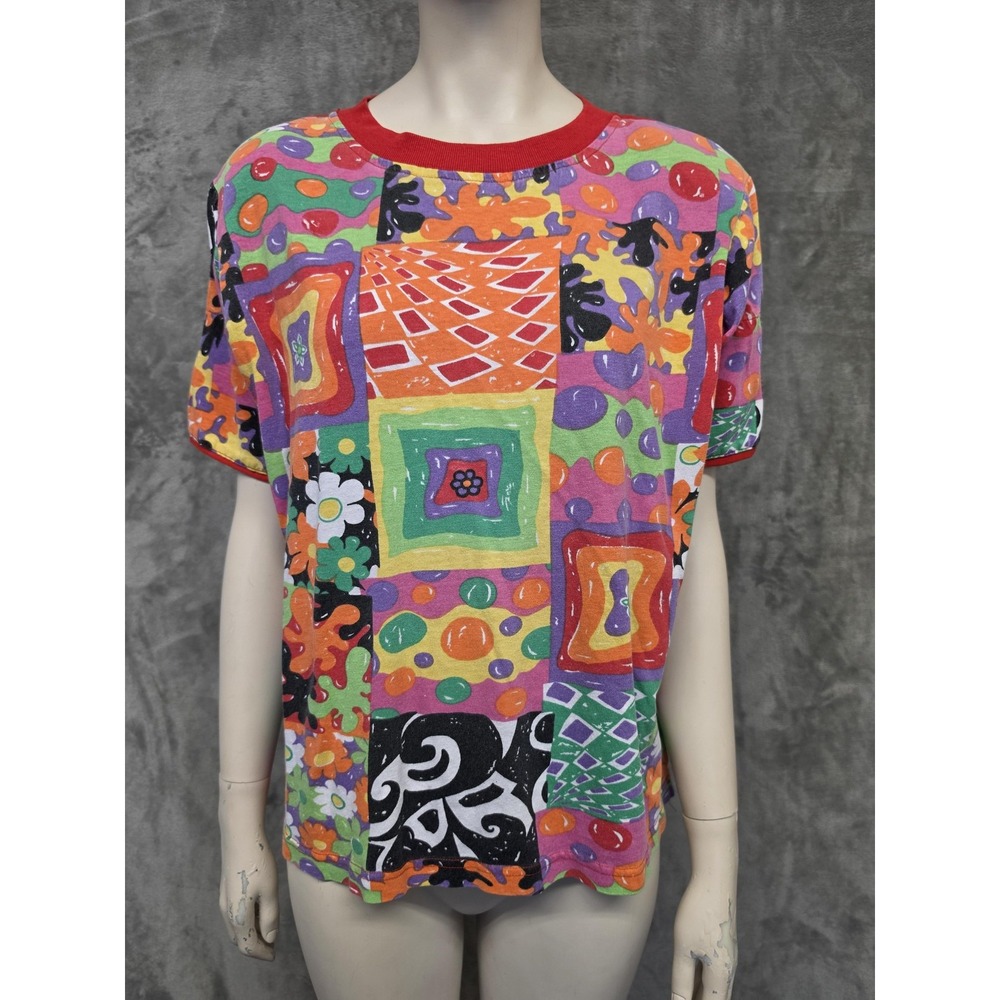 Vintage 90s Traffic Jam Multicolor Geometric Patchwork T-Shirt Womens Medium